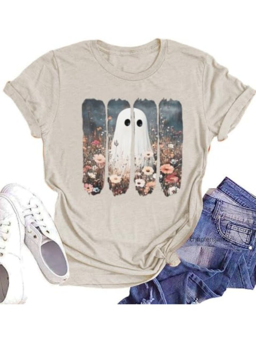 Cute Pumpkin Ghost Graphic Fall Halloween Tee Crew Neck Short Sleeve